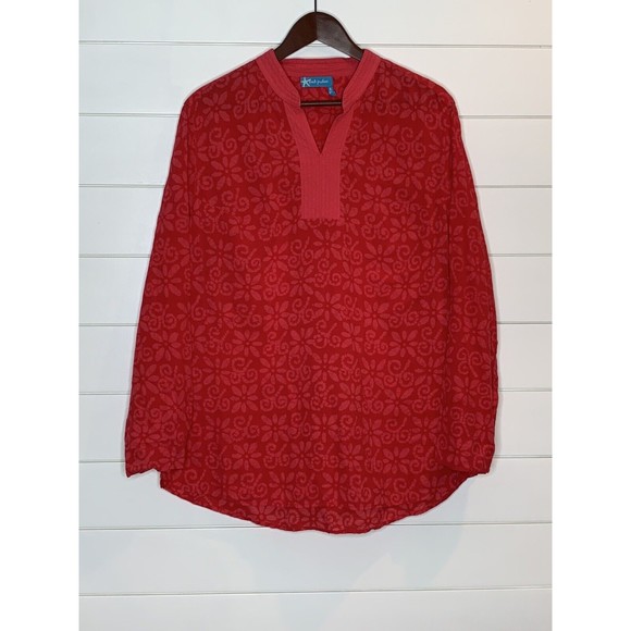 Fresh Produce LARGE Tunic Top Red Floral Lightweight Long Sleeve Blouse - Picture 2 of 6